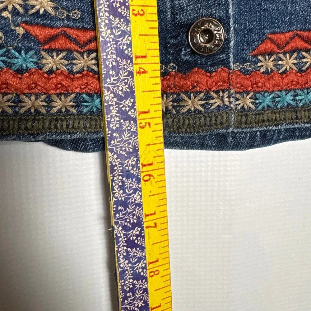 Deja Vu Blue Denim Embroidered Floral Button Front Mini Skirt Festival Artsy